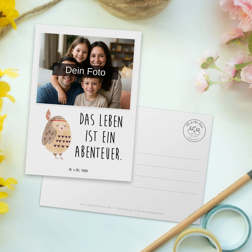 Personalisierte Foto Postkarte Eule Federschmuck Personalisierte Foto Postkarte, Eule, Das Leben ist ein Abenteuer, Reisespruch, Owl, Eule Deko, Dekoration, Federschmuck