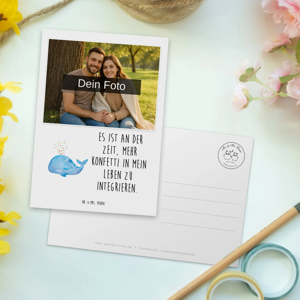 Personalisierte Foto Postkarte Wal Konfetti Personalisierte Foto Postkarte, Meerestiere, Meer, Urlaub, Trennung, Geburtstag, Neuanfang, Konfetti, Wal, Wale, Abnehmen, Lebensabschnitt, Motivation, Diät, Neustart