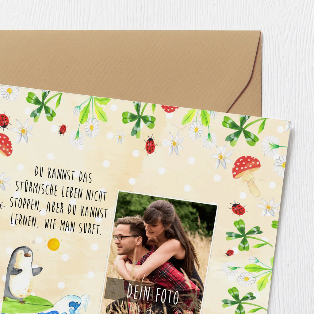 Personalisierte Foto Deluxe Karte Pinguin Surfer Personalisierte Foto Grußkarte, Pinguin, Pinguine, surfen, Surfer, Hawaii, Urlaub, Wellen, Wellen reiten, Portugal