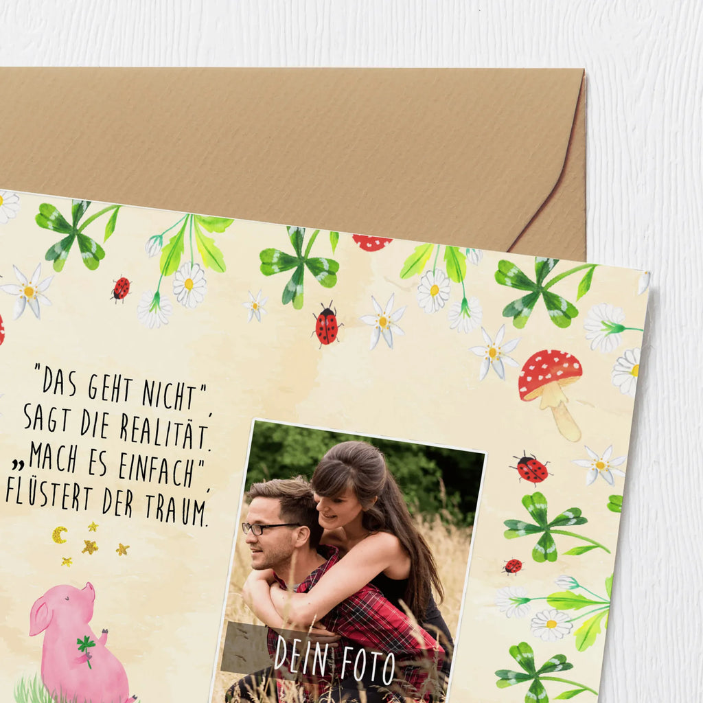 Personalized Photo Deluxe Card Pig Luck Personalisierte Foto Grußkarte, Tiermotive, Gute Laune, lustige Sprüche, Tiere, Glücksschwein. Glück, Schwein, Schweinchen, Sterne, Sernchen, Ziele, Träume, Motivation, Glücksbringer