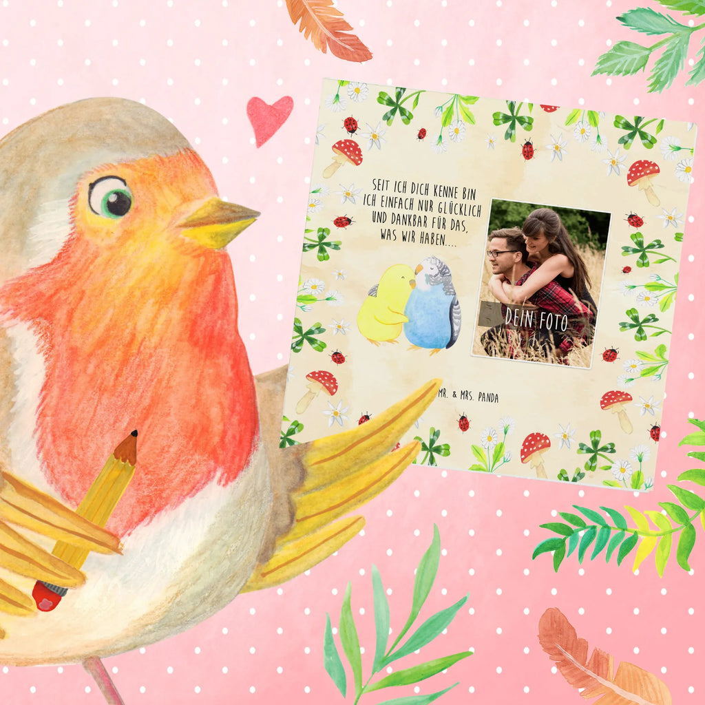 Personalized Photo Deluxe Card Parakeets in love Personalisierte Foto Grußkarte, Liebe, Partner, Freund, Freundin, Ehemann, Ehefrau, Heiraten, Verlobung, Heiratsantrag, Liebesgeschenk, Jahrestag, Hocheitstag, Vögel, Vertrauen, Wellensittich, Kuscheln, Nähe