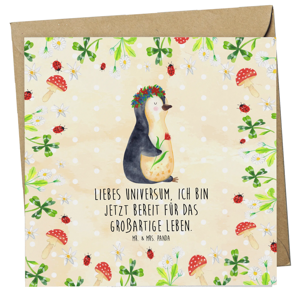 Deluxe Karte Pinguin Blumen faltkarte, anlasskarte, doppelkarte, Glückwunschkarte, Grußkarte, Klappkarte, Pinguin, Pinguine, Lebensziele, Universum, Leben, Lebenslust, Ziele, Blumenkranz, Liebeskummer, Motivation, Wünsche, Geschenkidee