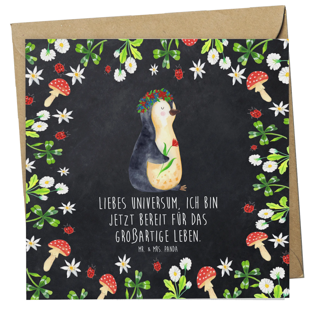 Deluxe Karte Pinguin Blumen faltkarte, anlasskarte, doppelkarte, Glückwunschkarte, Grußkarte, Klappkarte, Pinguin, Pinguine, Lebensziele, Universum, Leben, Lebenslust, Ziele, Blumenkranz, Liebeskummer, Motivation, Wünsche, Geschenkidee