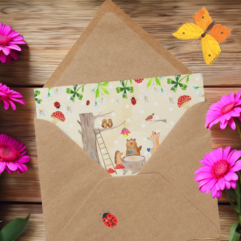 Deluxe Karte Waldtiere Picknick Klappkarte, Hochwertige Grußkarte, Hochwertige Klappkarte, Glückwunschkarte, Karte, Einladungskarte, Geburtstagskarte, Hochzeitskarte, Grußkarte, Tiermotive, Gute Laune, lustige Sprüche, Tiere, Eichhörnchen, Fuchs, Waldtiere, Wald, Maus, Hase, Igel, Picknick