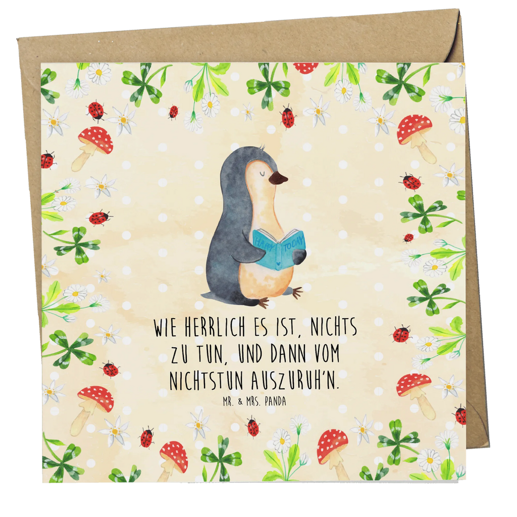 Deluxe Karte Pinguin Buch faltkarte, Klappkarte, anlasskarte, doppelkarte, Glückwunschkarte, Grußkarte, Pinguin, Lesen, Freizeit, Nichtstun, Buch, Faulenzen, Bücherwurm, Pinguine, Urlaub, Ferien