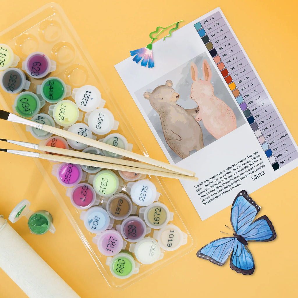 Malowanie według numerów odcięty Niedźwiedź i królik Przytulać Motiv Kreativität, Malen, Ausmalbild, Künstler, Kunstwerk, DIY, Malen nach Zahlen, Bastelidee, Baseln, Liebe, Partner, Freund, Freundin, Ehemann, Ehefrau, Heiraten, Verlobung, Heiratsantrag, Liebesgeschenk, Jahrestag, Hocheitstag, bester Freund, Bär, Hase, Freunde, best friends, Bärchen