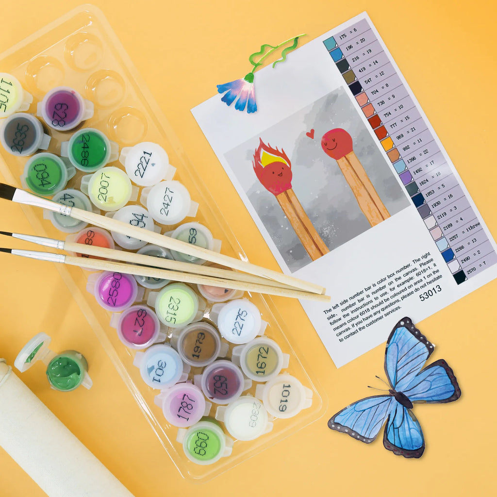 Paint by Numbers cut off Matches Motiv Kunstwerk, Kreativität, DIY, Künstler, Bastelidee, Baseln, Malen, Malen nach Zahlen, Ausmalbild, Liebe, Partner, Freund, Freundin, Ehemann, Ehefrau, Heiraten, Verlobung, Heiratsantrag, Liebesgeschenk, Jahrestag, Hocheitstag, Streichhölzer