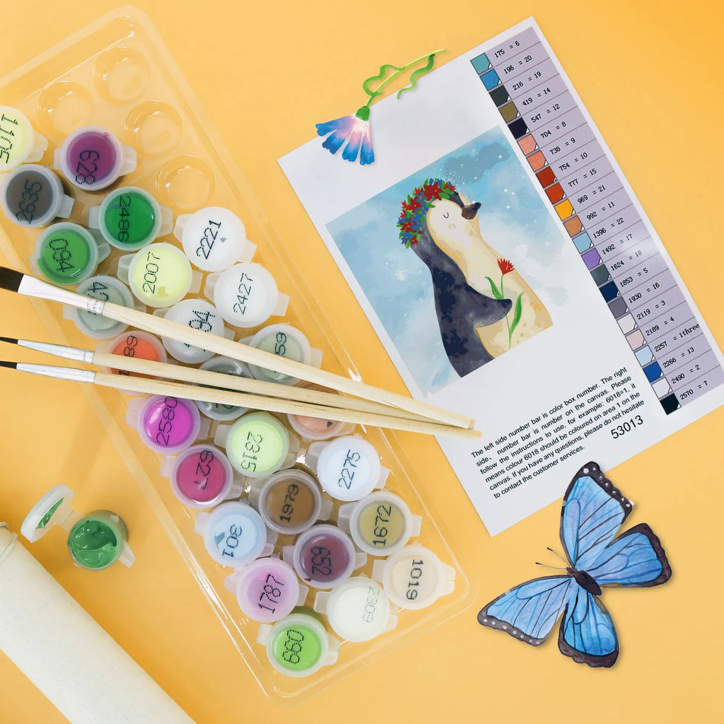 Malen nach Zahlen Pinguin Blumen Motiv Malen nach Zahlen, malen nach zahlen set, diy set, leinwand malset, kreativ set, malset, zahlenbilder, Pinguin, Pinguine, Leben, Liebeskummer, Blumenkranz, Wünsche, Geschenkidee, Lebenslust, Ziele, Lebensziele, Universum, Motivation