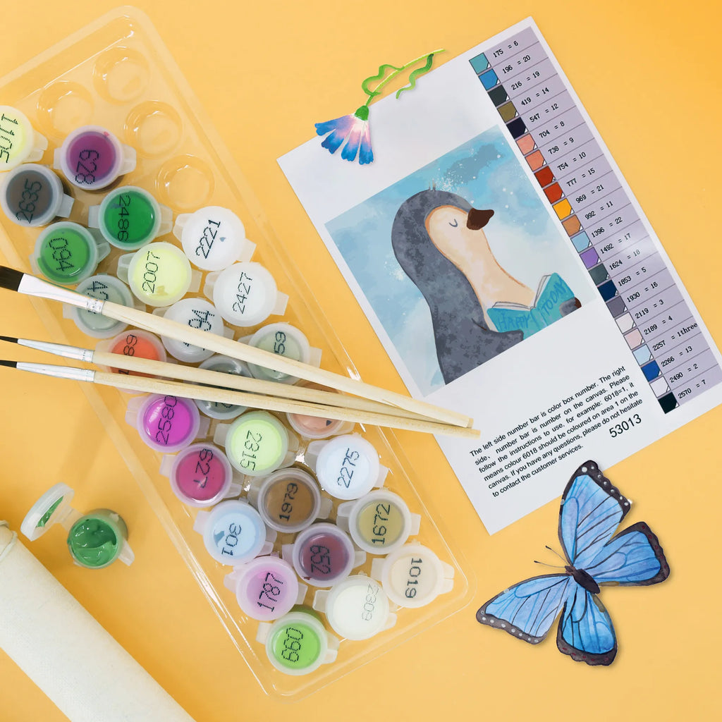 Paint by Numbers cut off Penguin A book Motiv Bastelidee, DIY, Malen, Ausmalbild, Kreativität, Malen nach Zahlen, Baseln, Kunstwerk, Künstler, Pinguin, Bücherwurm, Freizeit, Nichtstun, Ferien, Faulenzen, Urlaub, Pinguine, Buch, Lesen