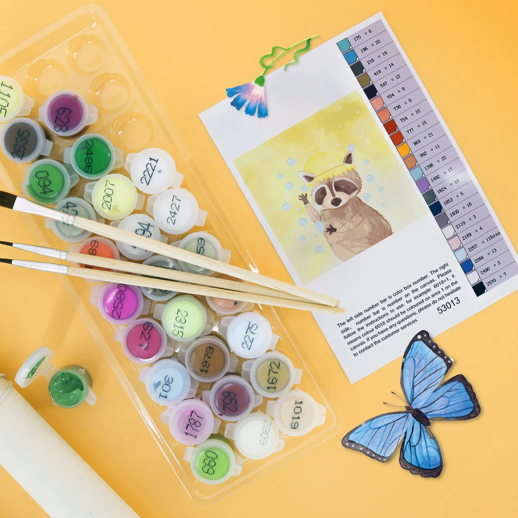 Malen nach Zahlen Waschbär Motiv Künstler, Malen nach Zahlen, Bastelidee, Kunstwerk, Kreativität, Baseln, Malen, Ausmalbild, DIY, Tiermotive, Gute Laune, lustige Sprüche, Tiere, Tagträumen, Waschbär, Seifenblasen, Plan, waschen, Fröhlich