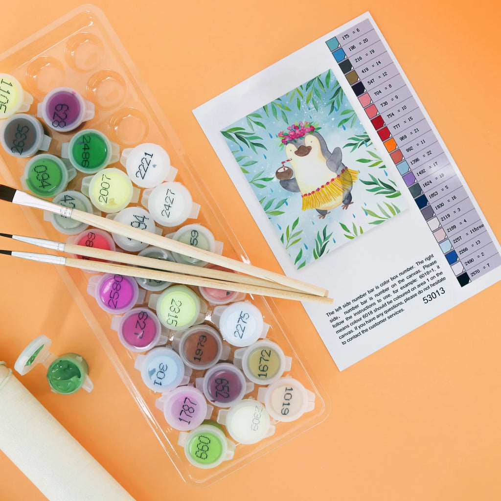 Paint by Numbers Penguin coconut Ausmalbild, Malen nach Zahlen, Kunstwerk, Pinguin, Kokosnuss, Pinguine, Aloha, Hawaii, Urlaub