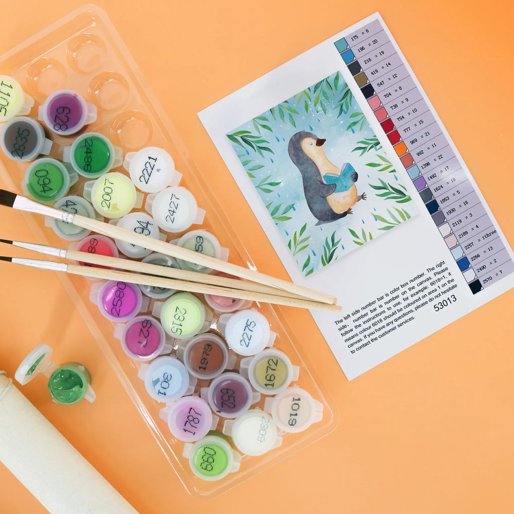 Malowanie według numerów pingwin książka Kunstwerk, Ausmalbild, Künstler, Malen, Bastelidee, Kreativität, DIY, Baseln, Malen nach Zahlen, Pinguin, Lesen, Bücherwurm, Ferien, Urlaub, Nichtstun, Pinguine, Buch, Faulenzen, Freizeit