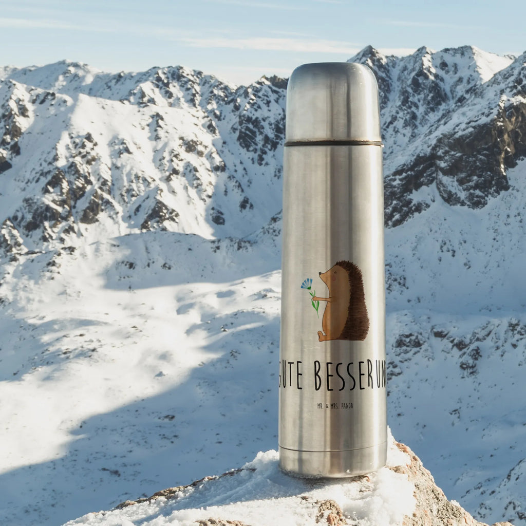 Thermos Flask Hedgehog Flower Thermoskanne, Tiermotive, Gute Laune, lustige Sprüche, Tiere, krank, Genesungswünsche, Krankenhaus, Gute Besserung, Krankheit, Igel, Besuch
