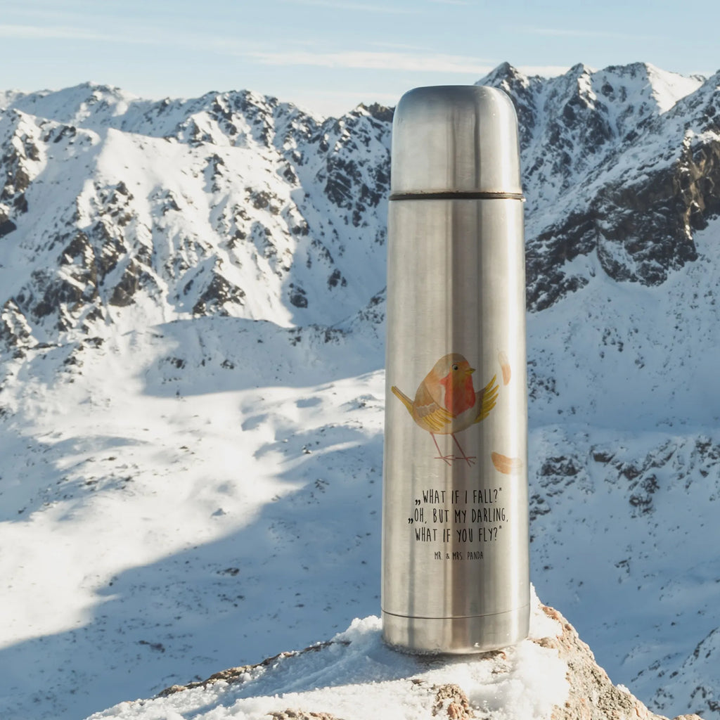 Thermos Flask robin feathers Thermoskanne, Tiermotive, Gute Laune, lustige Sprüche, Tiere, Motivationsbilder, Motivation Sprüche, Vogel, fliegen, What if i fall, Rotkehlchen, Spruch Mut, Spruch Motivation