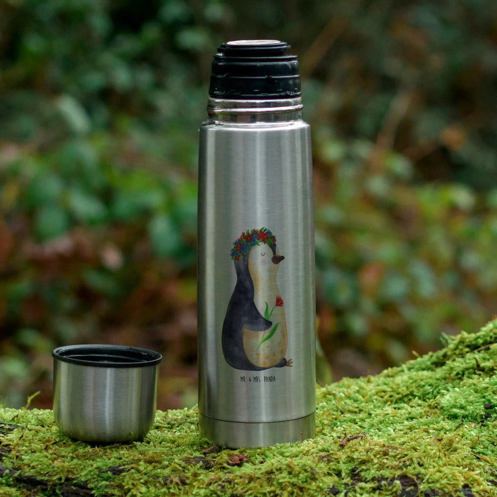 Thermos Flask Penguin Flower Thermoskanne, Pinguin, Lebenslust, Pinguine, Universum, Blumenkranz, Motivation, Ziele, Liebeskummer, Leben, Lebensziele, Wünsche, Geschenkidee