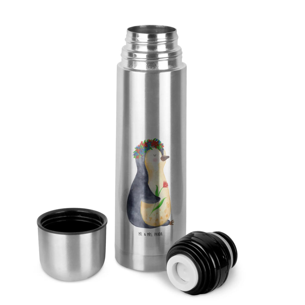Thermos Flask Penguin Flower Thermoskanne, Pinguin, Lebenslust, Pinguine, Universum, Blumenkranz, Motivation, Ziele, Liebeskummer, Leben, Lebensziele, Wünsche, Geschenkidee