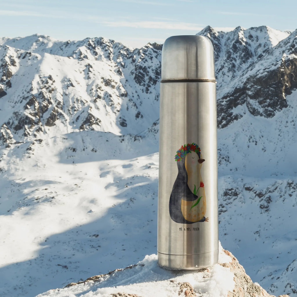 Thermos Flask Penguin Flower Thermoskanne, Pinguin, Lebenslust, Pinguine, Universum, Blumenkranz, Motivation, Ziele, Liebeskummer, Leben, Lebensziele, Wünsche, Geschenkidee