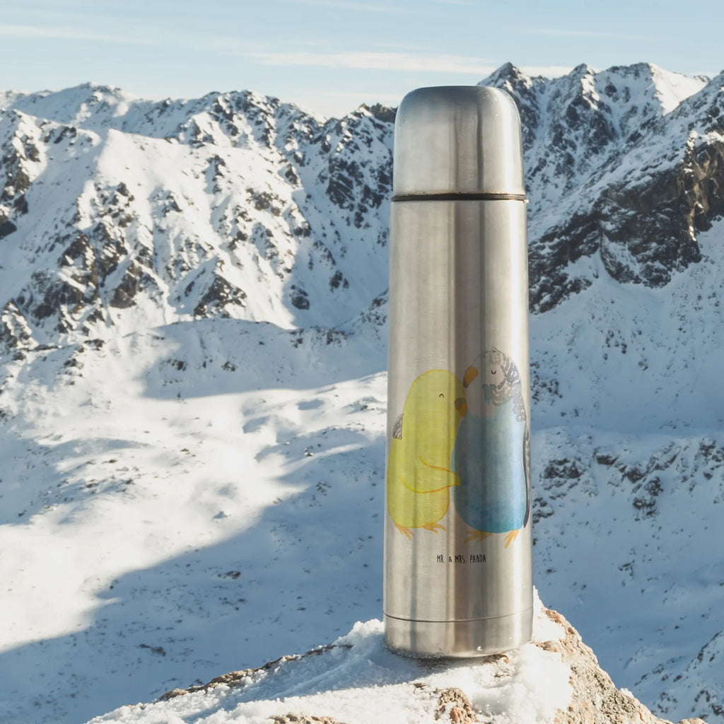 Thermoskanne Wellensittich Liebe Thermoskanne, Liebe, Partner, Freund, Freundin, Ehemann, Ehefrau, Heiraten, Verlobung, Heiratsantrag, Liebesgeschenk, Jahrestag, Hocheitstag, Vögel, Kuscheln, Nähe, Wellensittich, Vertrauen