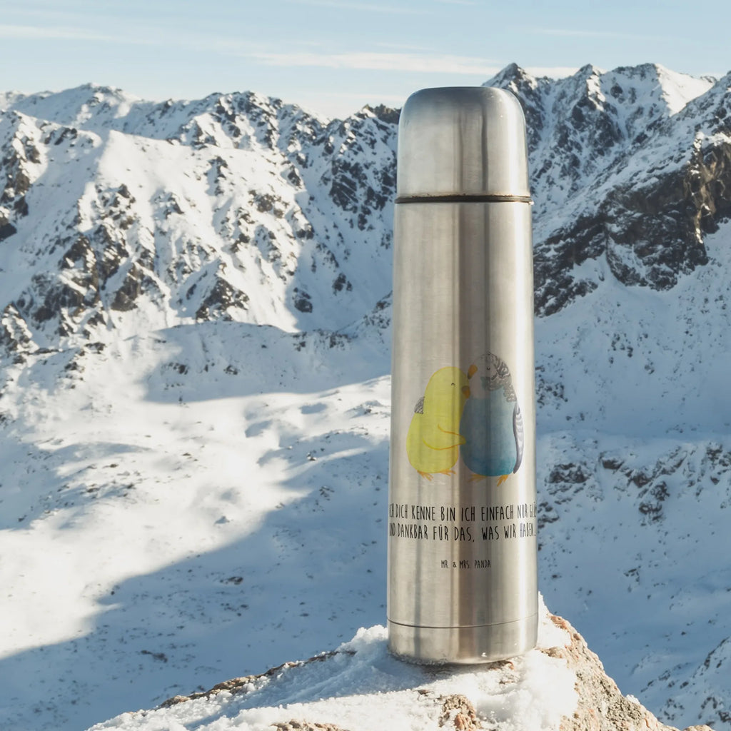 Thermoskanne Wellensittich Liebe Thermoskanne, Liebe, Partner, Freund, Freundin, Ehemann, Ehefrau, Heiraten, Verlobung, Heiratsantrag, Liebesgeschenk, Jahrestag, Hocheitstag, Vögel, Kuscheln, Nähe, Wellensittich, Vertrauen