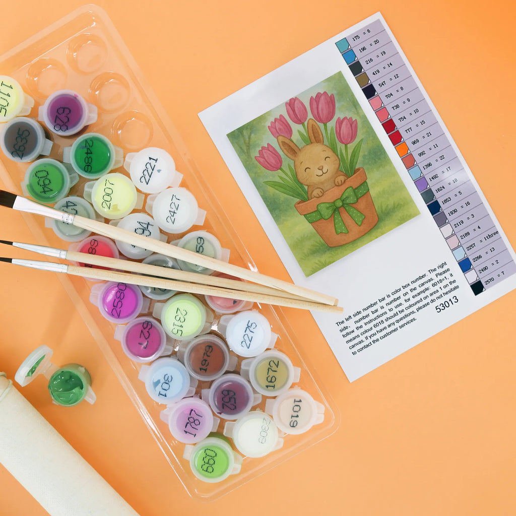 Malen nach Zahlen Hase Tulpen Design Kunstwerk, Malen nach Zahlen, Ausmalbild, Ostern, Osterhase, Ostergeschenke, Osternest, Osterdeko, Geschenke zu Ostern, Ostern Geschenk, Ostergeschenke Kinder, Ostern Kinder, Tulpen, Blumenstrauß, Hase, Ostergeschenk, Alternative zu Blumen