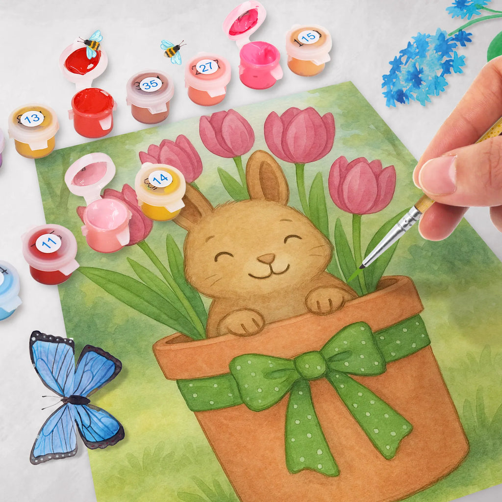 Malen nach Zahlen Hase Tulpen Design Kunstwerk, Malen nach Zahlen, Ausmalbild, Ostern, Osterhase, Ostergeschenke, Osternest, Osterdeko, Geschenke zu Ostern, Ostern Geschenk, Ostergeschenke Kinder, Ostern Kinder, Tulpen, Blumenstrauß, Hase, Ostergeschenk, Alternative zu Blumen