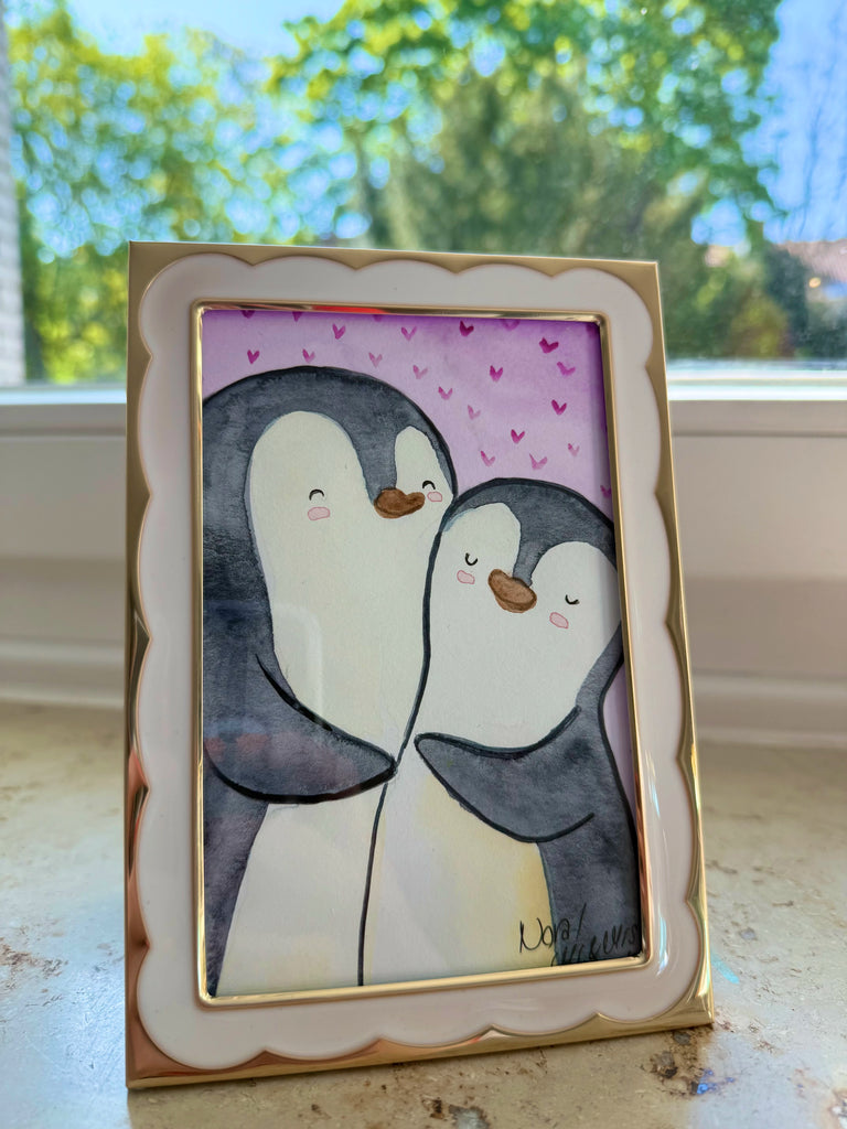 ORIGINAL Watercolor drawing "Penguin Lovebirds" in a picture frame Mr. & Mr. Panda Unique, Mr. & Mrs. Panda Originals