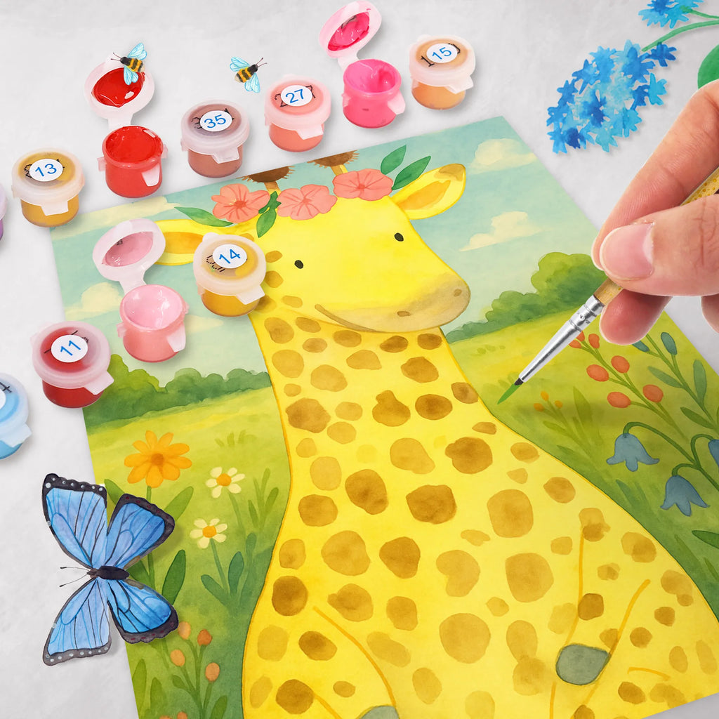 Paint by Numbers giraffe flower wreath Design Baseln, DIY, Ausmalbild, Künstler, Bastelidee, Kreativität, Kunstwerk, Malen nach Zahlen, Malen, Afrika, Wildtiere, Blumenkranz, Freundin, Selbstliebe, Giraffe, Abenteurer