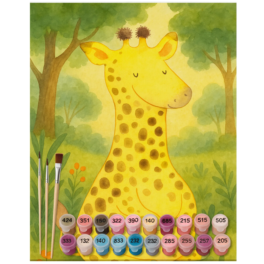 Paint by Numbers giraffe Satisfied Design Baseln, Bastelidee, Malen, Ausmalbild, Künstler, Kunstwerk, Malen nach Zahlen, Kreativität, DIY, Afrika, Wildtiere, Glück, Abenteuer, Giraffe, Zufrieden