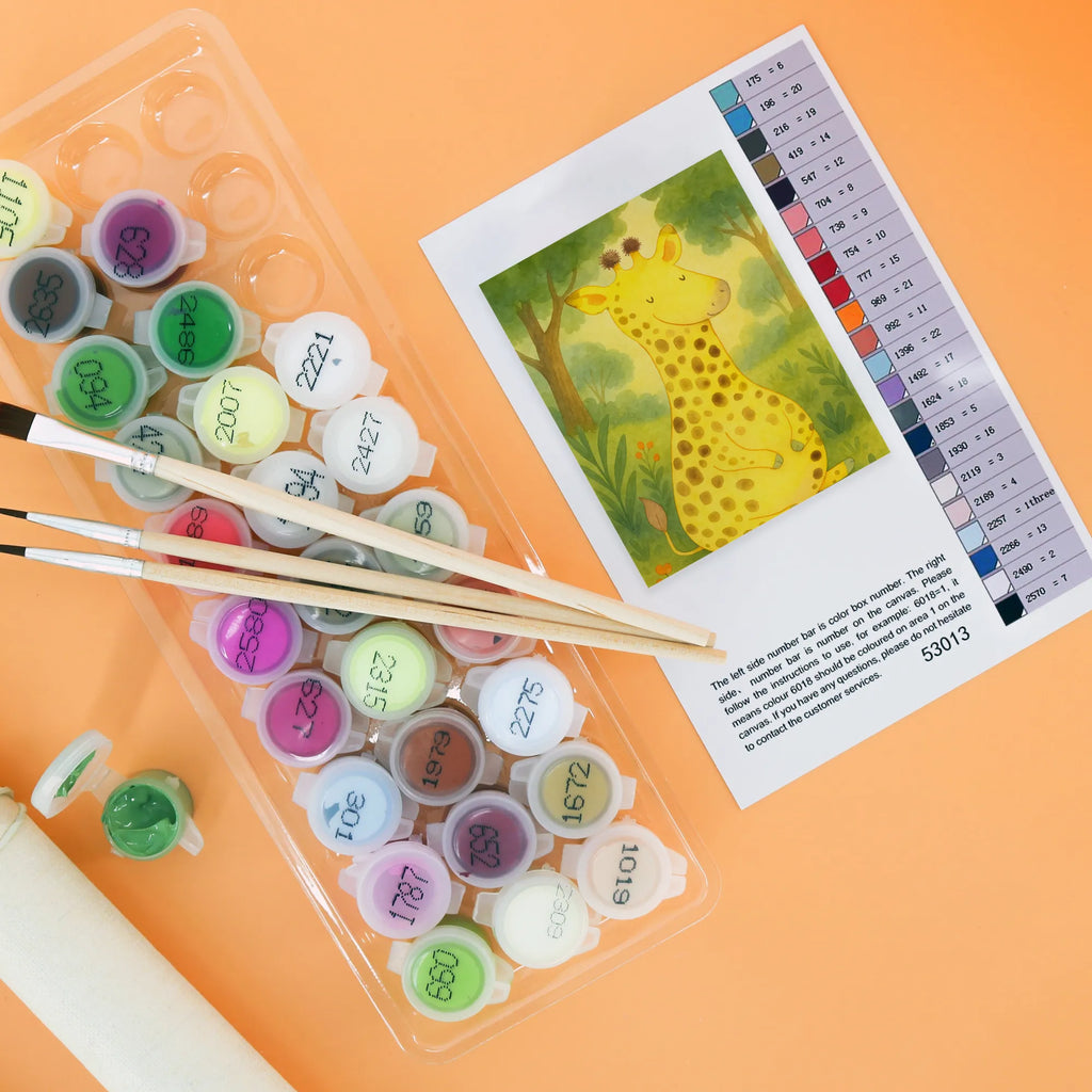 Paint by Numbers giraffe Satisfied Design Baseln, Bastelidee, Malen, Ausmalbild, Künstler, Kunstwerk, Malen nach Zahlen, Kreativität, DIY, Afrika, Wildtiere, Glück, Abenteuer, Giraffe, Zufrieden