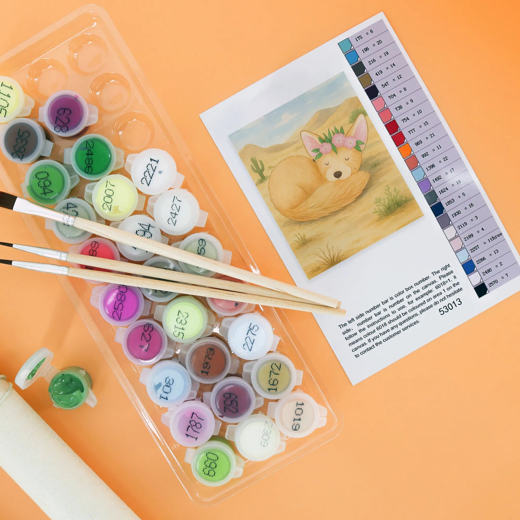 Paint by Numbers desert fox Flower Design Malen, Bastelidee, Kunstwerk, Kreativität, Malen nach Zahlen, DIY, Künstler, Ausmalbild, Baseln, Afrika, Wildtiere, Wüste, Blumen, Wüstenfuchs, Blumenkranz, Glücklich