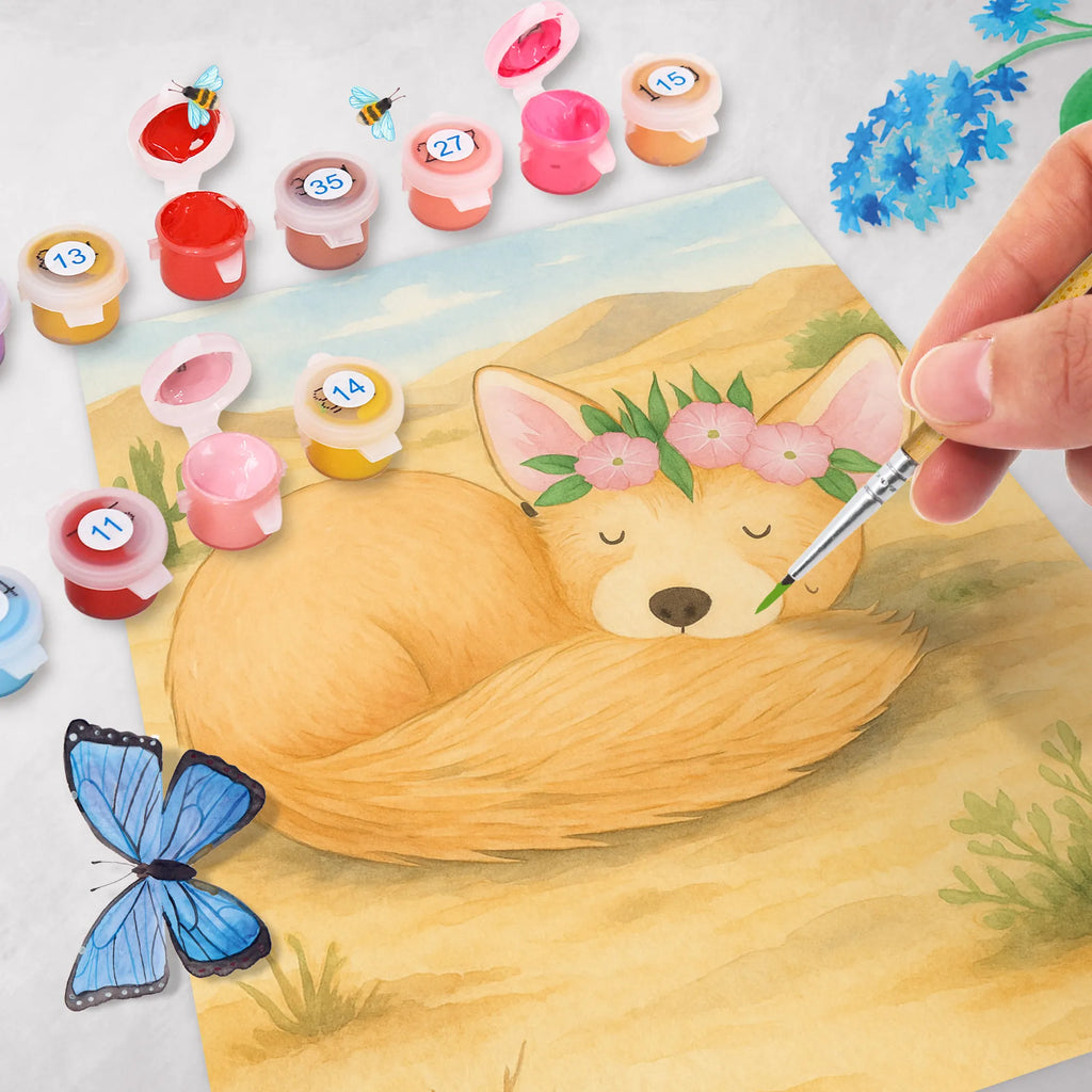 Paint by Numbers desert fox Flower Design Malen, Bastelidee, Kunstwerk, Kreativität, Malen nach Zahlen, DIY, Künstler, Ausmalbild, Baseln, Afrika, Wildtiere, Wüste, Blumen, Wüstenfuchs, Blumenkranz, Glücklich