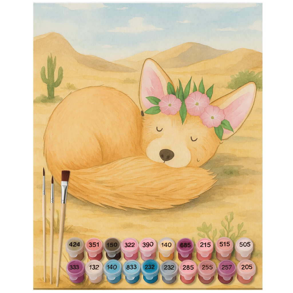 Paint by Numbers desert fox Flower Design Malen, Bastelidee, Kunstwerk, Kreativität, Malen nach Zahlen, DIY, Künstler, Ausmalbild, Baseln, Afrika, Wildtiere, Wüste, Blumen, Wüstenfuchs, Blumenkranz, Glücklich