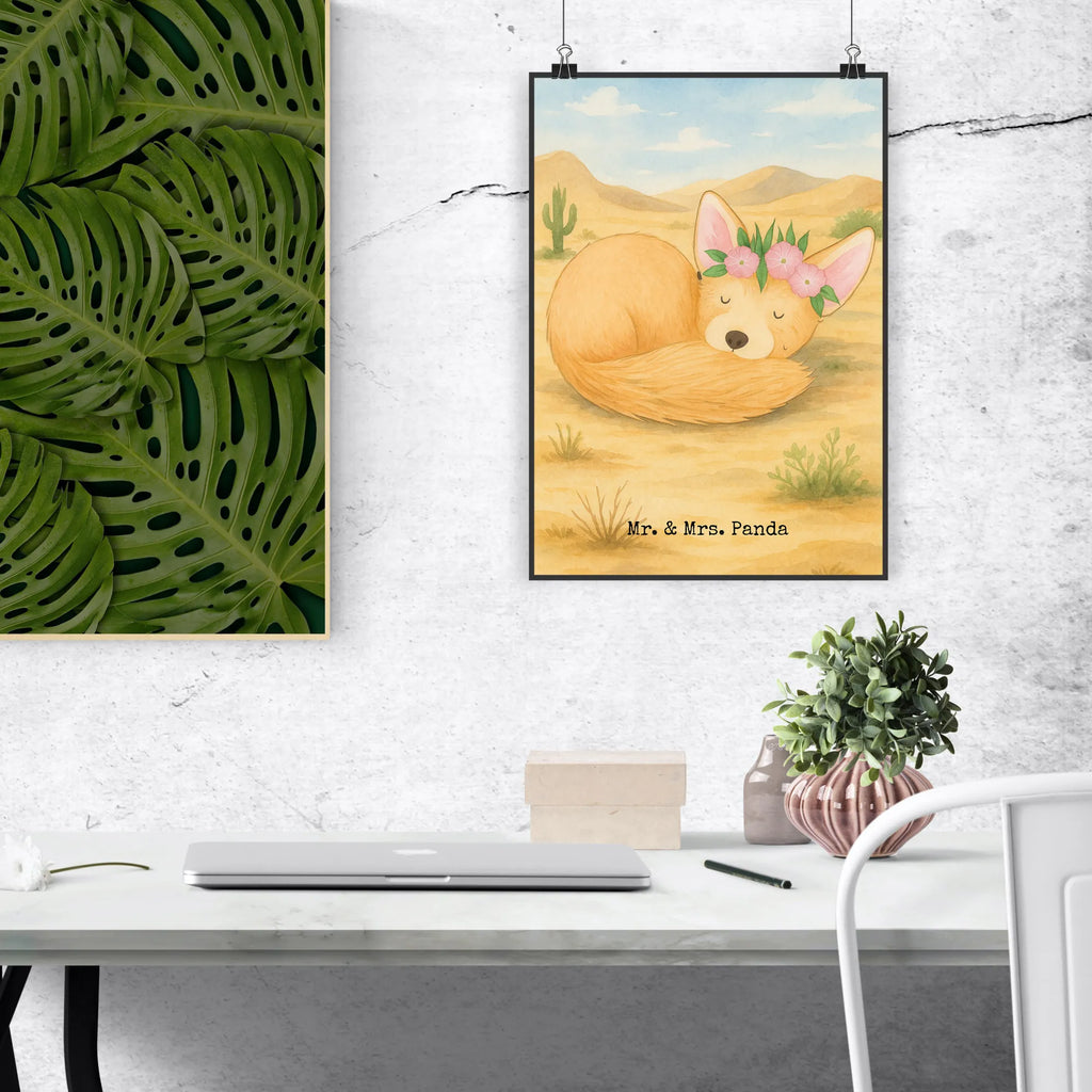 Poster Wüstenfuchs Blumen Design Poster, Wandposter, Bild, Wanddeko, Küchenposter, Kinderposter, Wanddeko Bild, Raumdekoration, Wanddekoration, Handgemaltes Poster, Mr. & Mrs. Panda Poster, Designposter, Kunstdruck, Posterdruck, Afrika, Wildtiere, Wüste, Wüstenfuchs, Blumen, Blumenkranz, Glücklich