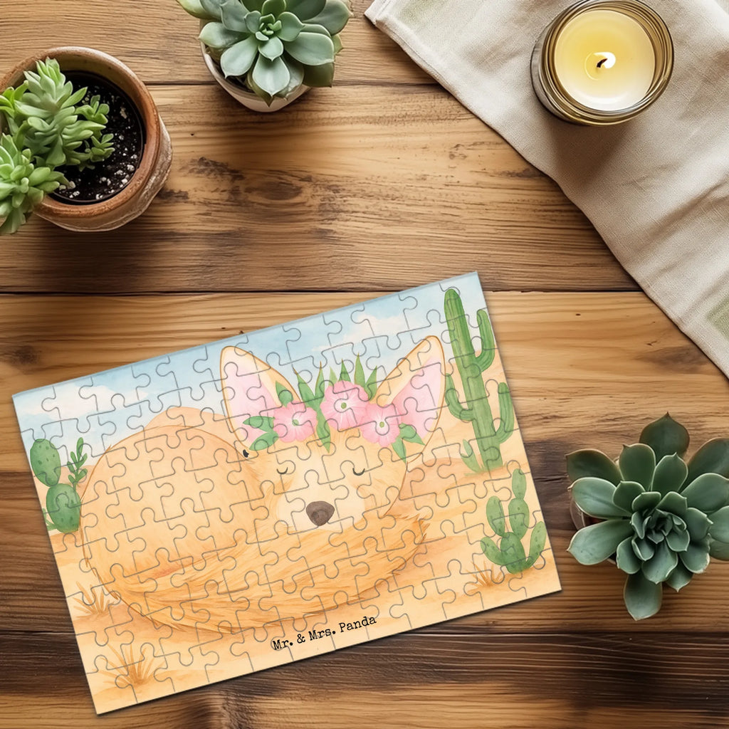 Puzzle Wüstenfuchs Blumen Design Puzzle, Afrika, Wildtiere, Wüstenfuchs, Wüste, Blumen, Blumenkranz, Glücklich