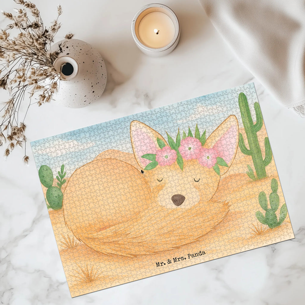 Puzzle Wüstenfuchs Blumen Design Puzzle, Afrika, Wildtiere, Wüstenfuchs, Wüste, Blumen, Blumenkranz, Glücklich
