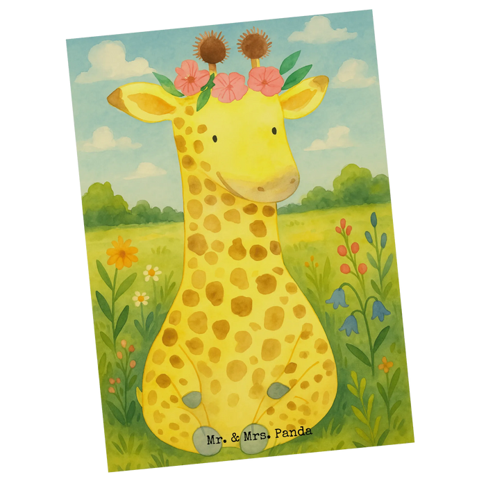 Postkarte Giraffe Blumenkranz Design