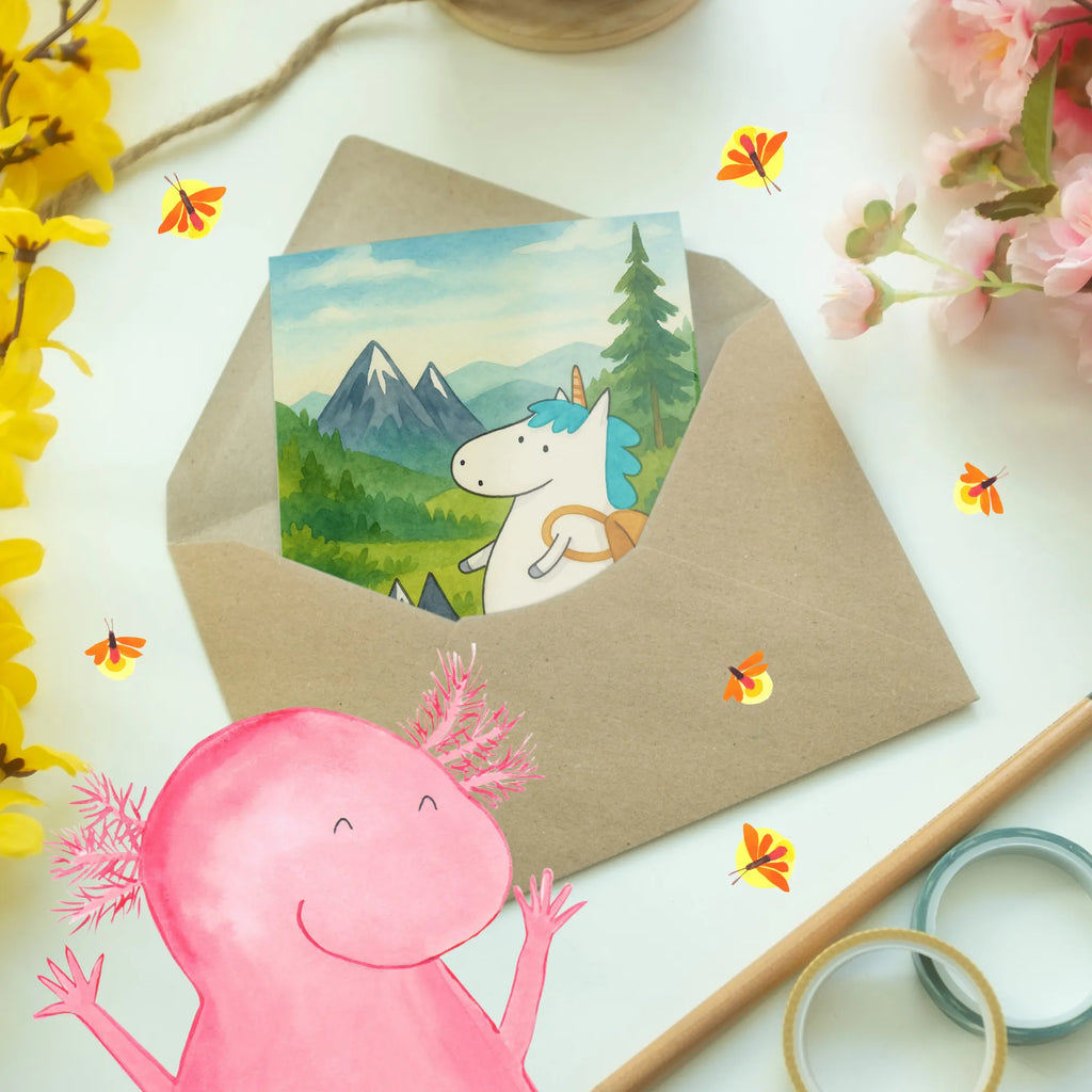 Grußkarte Einhorn Bergsteiger Design Grußkarte, Klappkarte, Einladungskarte, Glückwunschkarte, Hochzeitskarte, Geburtstagskarte, Karte, Ansichtskarten, Einhorn, Einhörner, Einhorn Deko, Unicorn, Bergsteiger, Abenteuer, Berge, Abenteurer, Weltenbummler, Weltreise, Reisen, Urlaub, Entdecker