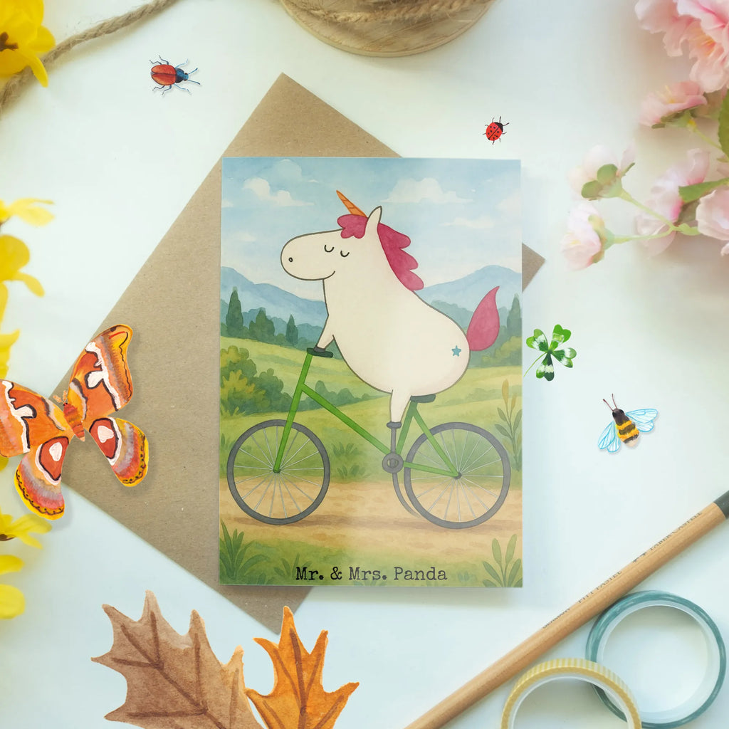 Greetings card unicorn cyclist Design Grußkarte, Klappkarte, Einladungskarte, Glückwunschkarte, Hochzeitskarte, Geburtstagskarte, Karte, Ansichtskarten, Einhorn, Einhörner, Einhorn Deko, Unicorn, Radfahren, Radfahrer, Rad, Bike, Feenstaub, Konfetti, Luxusproblem, Kummer, Liebeskummer