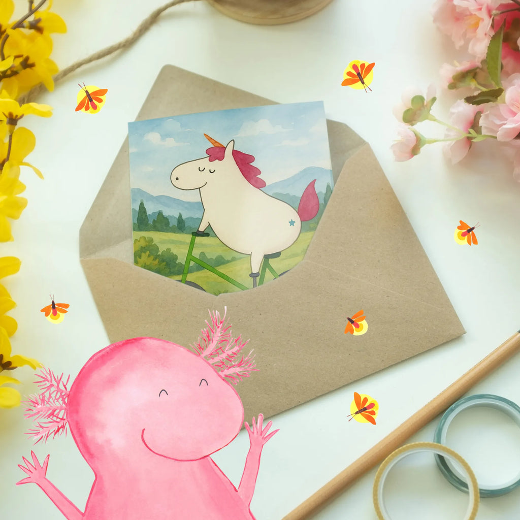 Greetings card unicorn cyclist Design Grußkarte, Klappkarte, Einladungskarte, Glückwunschkarte, Hochzeitskarte, Geburtstagskarte, Karte, Ansichtskarten, Einhorn, Einhörner, Einhorn Deko, Unicorn, Radfahren, Radfahrer, Rad, Bike, Feenstaub, Konfetti, Luxusproblem, Kummer, Liebeskummer