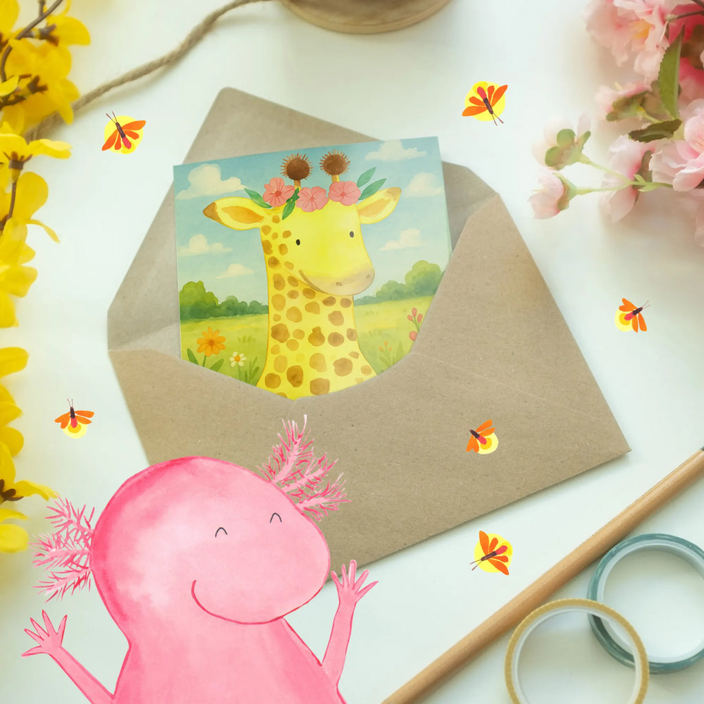 Grußkarte Giraffe Blumenkranz Design Grußkarte, Klappkarte, Einladungskarte, Glückwunschkarte, Hochzeitskarte, Geburtstagskarte, Karte, Ansichtskarten, Afrika, Wildtiere, Giraffe, Blumenkranz, Abenteurer, Selbstliebe, Freundin