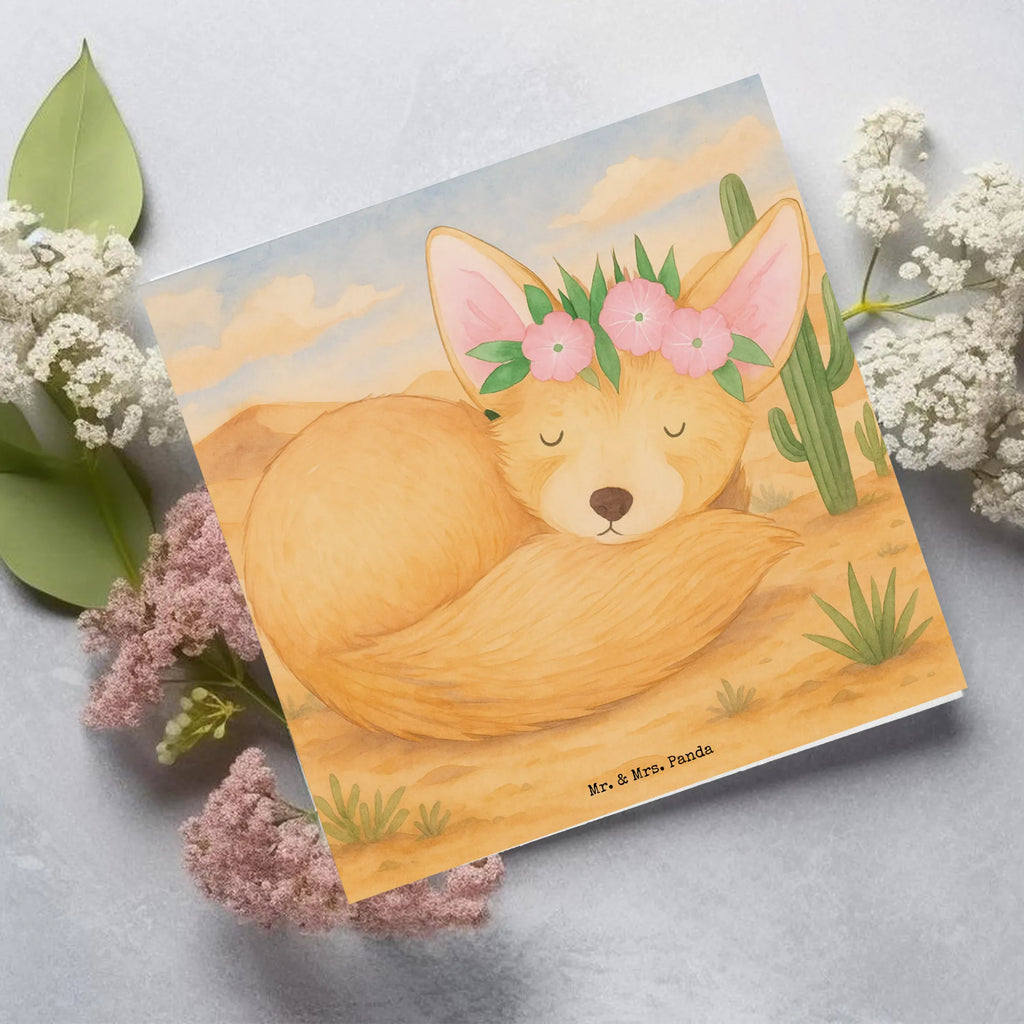 Deluxe Karte Wüstenfuchs Blumen Design Karte, Grußkarte, Klappkarte, Einladungskarte, Glückwunschkarte, Hochzeitskarte, Geburtstagskarte, Hochwertige Grußkarte, Hochwertige Klappkarte, Afrika, Wildtiere, Wüste, Wüstenfuchs, Blumen, Blumenkranz, Glücklich