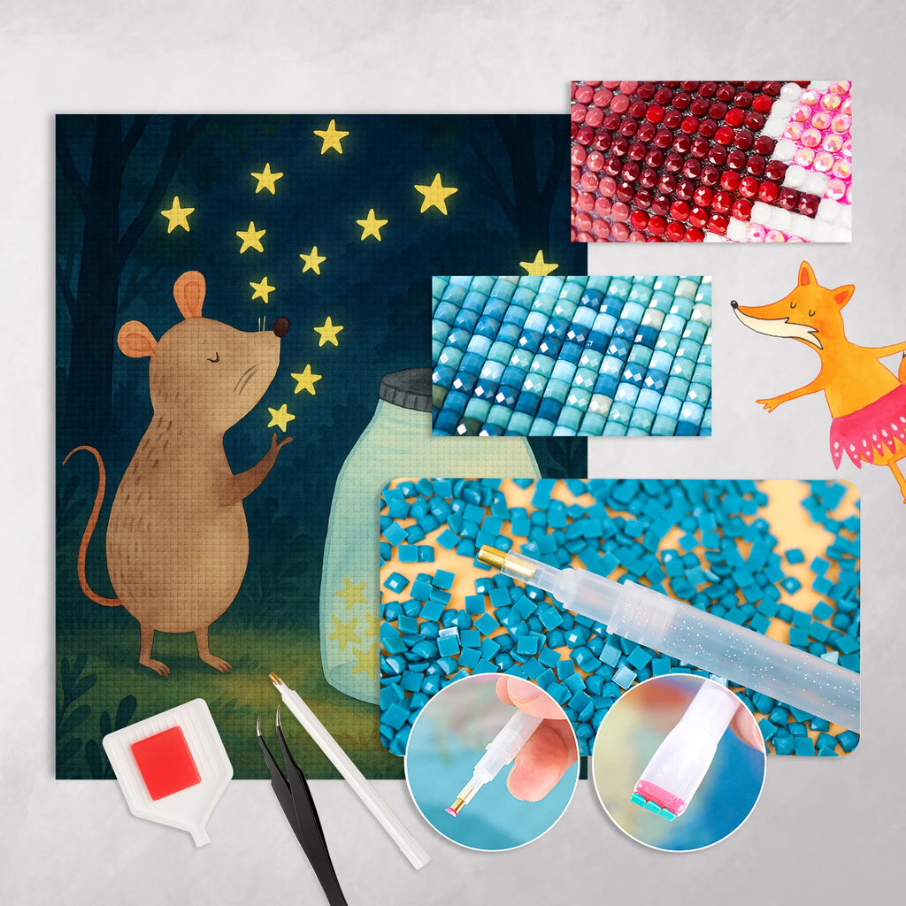 Diamond Painting Mouse Stars Design small animals, cute, funny, cute animal motives, hand drawn, small world, funny sayings, good mood, happy, gifts, gift ideas, special gifts, animal lover, card, child, baptism, first child, stars, child birthday, Mouse, pregnancy, dreams, wish, baptism gift, hope, birth, birthday