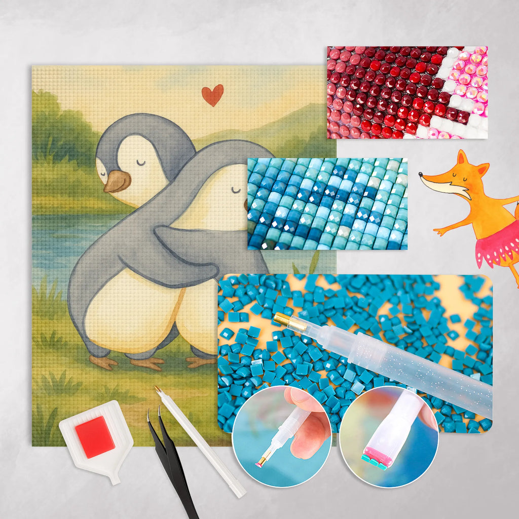 Obraz diamentowy Pingwiny Przytulanie Design Miłość, partner, przyjaciel, przyjaciółka, mąż, żona, wesele, zaręczyny, prośba o rękę, prezent miłosny, rocznica, dzień ślubu