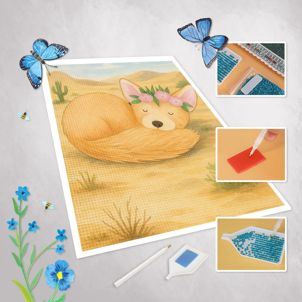 Diamond Painting desert fox Flower Design DIY, Kreativität, Diamond Painting, Kristallbild, Afrika, Wildtiere, Wüste, Glücklich, Blumen, Blumenkranz, Wüstenfuchs