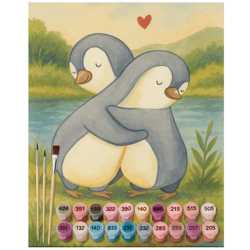Paint by Numbers penguins Cuddle Design Bastelidee, Malen nach Zahlen, DIY, Kunstwerk, Baseln, Künstler, Ausmalbild, Kreativität, Malen, Liebe, Partner, Freund, Freundin, Ehemann, Ehefrau, Heiraten, Verlobung, Heiratsantrag, Liebesgeschenk, Jahrestag, Hocheitstag, Liebesbeweis, Hochzeitstag, Valentinstag, Geschenk für Frauen, für Ehemann, Geschenk für Partner, für Männer, Mitbringsel, Geschenk für Freundin