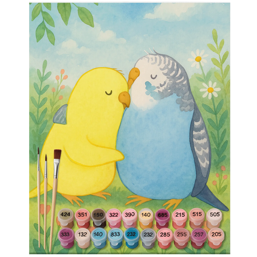 Malen nach Zahlen Wellensittich Liebe Design DIY, Ausmalbild, Bastelidee, Malen, Künstler, Kunstwerk, Malen nach Zahlen, Baseln, Kreativität, Liebe, Partner, Freund, Freundin, Ehemann, Ehefrau, Heiraten, Verlobung, Heiratsantrag, Liebesgeschenk, Jahrestag, Hocheitstag, Wellensittich, Vertrauen, Nähe, Kuscheln, Vögel