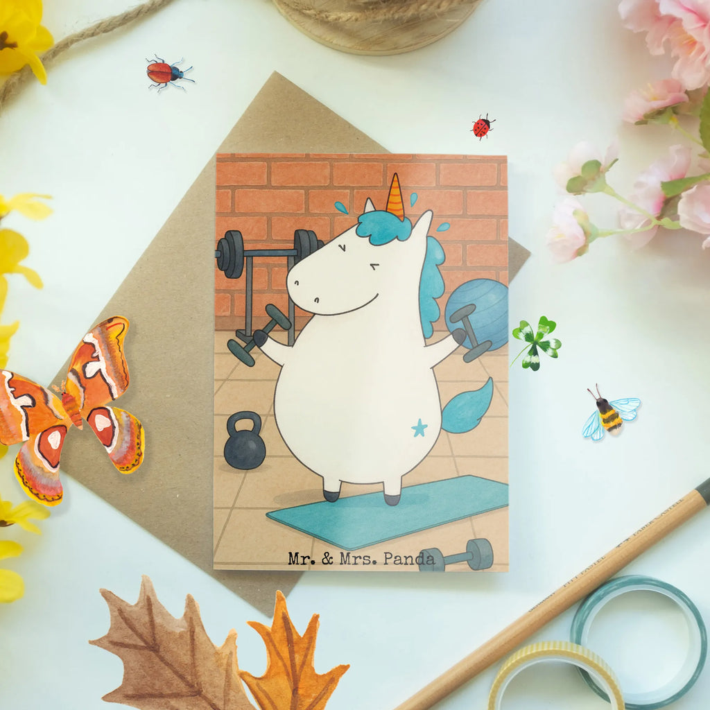 Grußkarte Einhorn Fitness Design Grußkarte, Klappkarte, Einladungskarte, Glückwunschkarte, Hochzeitskarte, Geburtstagskarte, Karte, Ansichtskarten, Einhorn, Einhörner, Einhorn Deko, Unicorn, Gym, Fitness, Fitnessstudio, Diät, Abnehmen, Sport, Pumpen, Geräte, Sixpack