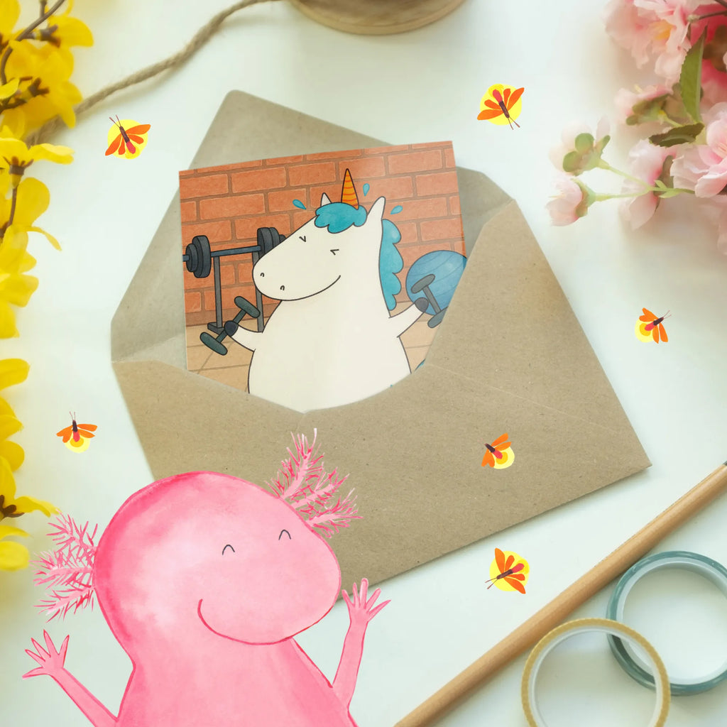 Grußkarte Einhorn Fitness Design Grußkarte, Klappkarte, Einladungskarte, Glückwunschkarte, Hochzeitskarte, Geburtstagskarte, Karte, Ansichtskarten, Einhorn, Einhörner, Einhorn Deko, Unicorn, Gym, Fitness, Fitnessstudio, Diät, Abnehmen, Sport, Pumpen, Geräte, Sixpack