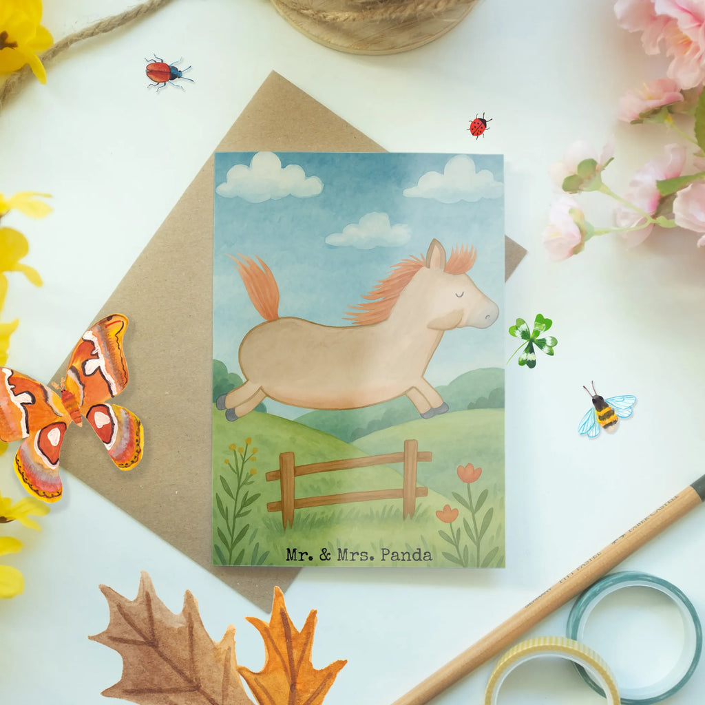 Grußkarte Pferd Springen Design Grußkarte, Klappkarte, Einladungskarte, Glückwunschkarte, Hochzeitskarte, Geburtstagskarte, Karte, Ansichtskarten, Bauernhof, Hoftiere, Landwirt, Landwirtin, Pferd, Pony, Pferde, Stall, Pferdestall, ausreiten, reiten, Pferdebesitzer