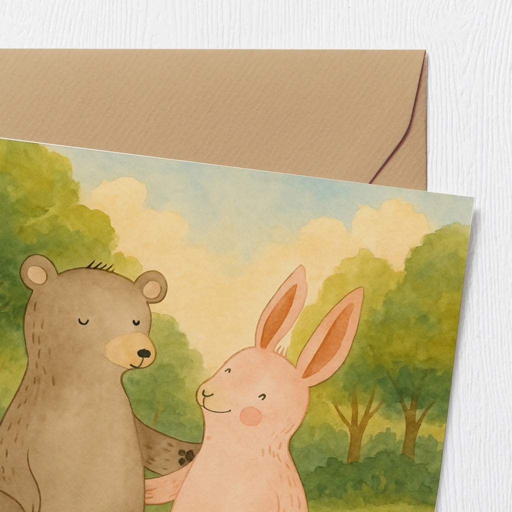 Deluxe Karte Bär und Hase Umarmen Design Karte, Grußkarte, Klappkarte, Einladungskarte, Glückwunschkarte, Hochzeitskarte, Geburtstagskarte, Hochwertige Grußkarte, Hochwertige Klappkarte, Liebe, Partner, Freund, Freundin, Ehemann, Ehefrau, Heiraten, Verlobung, Heiratsantrag, Liebesgeschenk, Jahrestag, Hocheitstag, Freunde, bester Freund, Hase, Bär, Bärchen, best friends